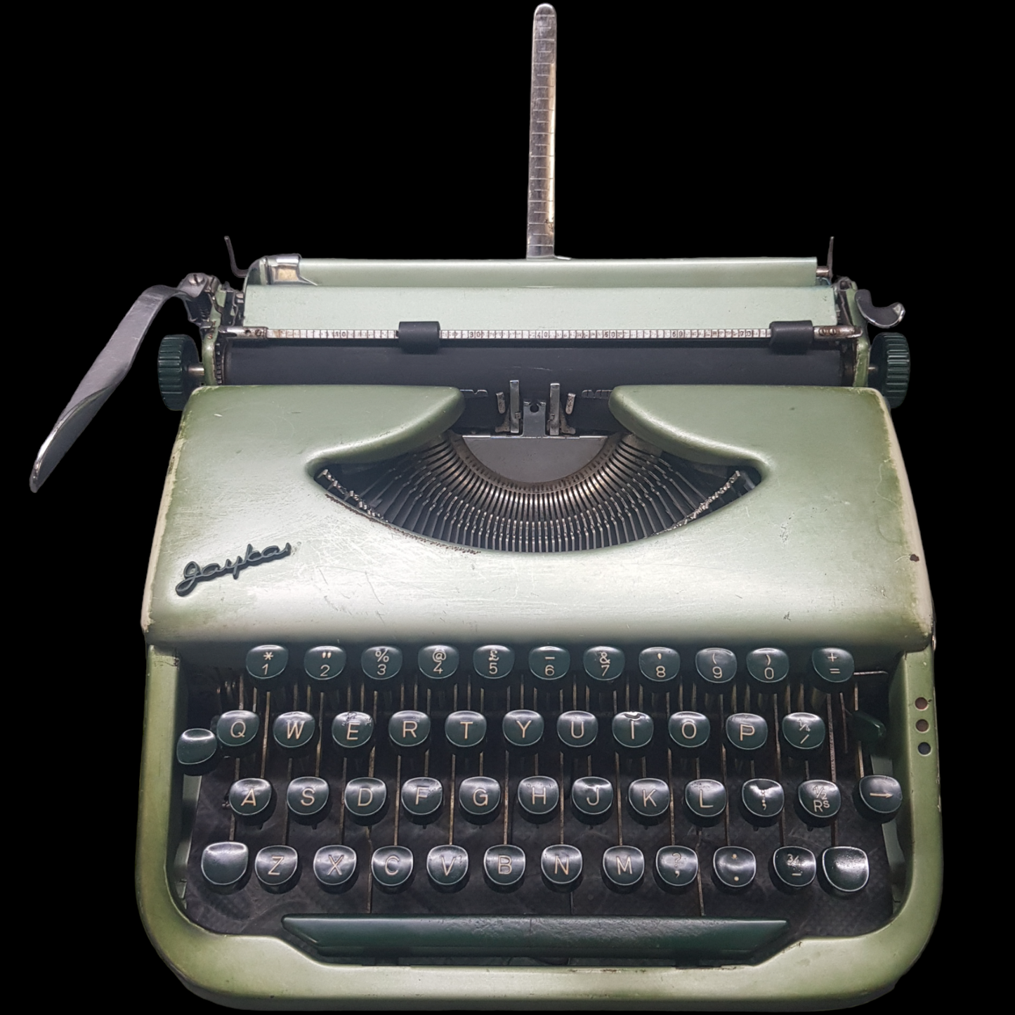 Image of Jaykay Typewriter. Portable Typewriter. Original Parrot Green. Made in India. Available from universaltypewritercompany.in