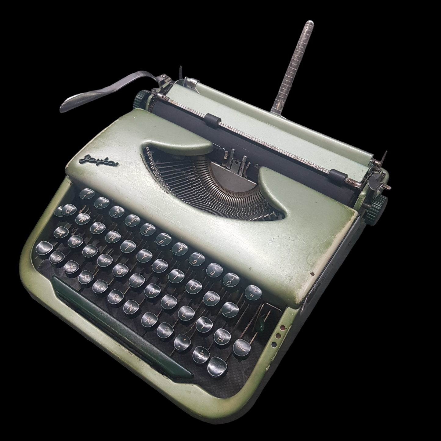 Image of Jaykay Typewriter. Portable Typewriter. Original Parrot Green. Made in India. Available from universaltypewritercompany.in