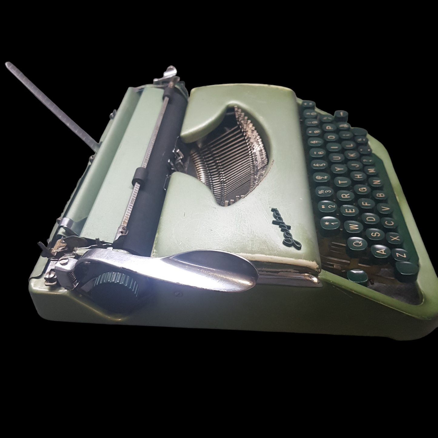 Image of Jaykay Typewriter. Portable Typewriter. Original Parrot Green. Made in India. Available from universaltypewritercompany.in