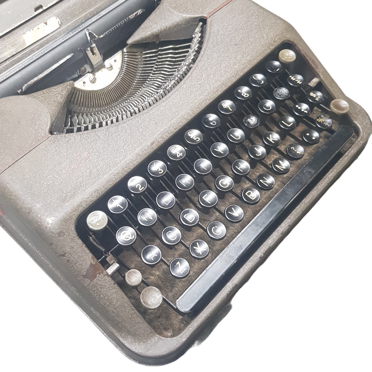 Image of Hermes Baby Old Typewriter. Portable Typewriter. Original Dark Grey. Swiss Made. Available with cover. Available from universaltypewritercompany.in