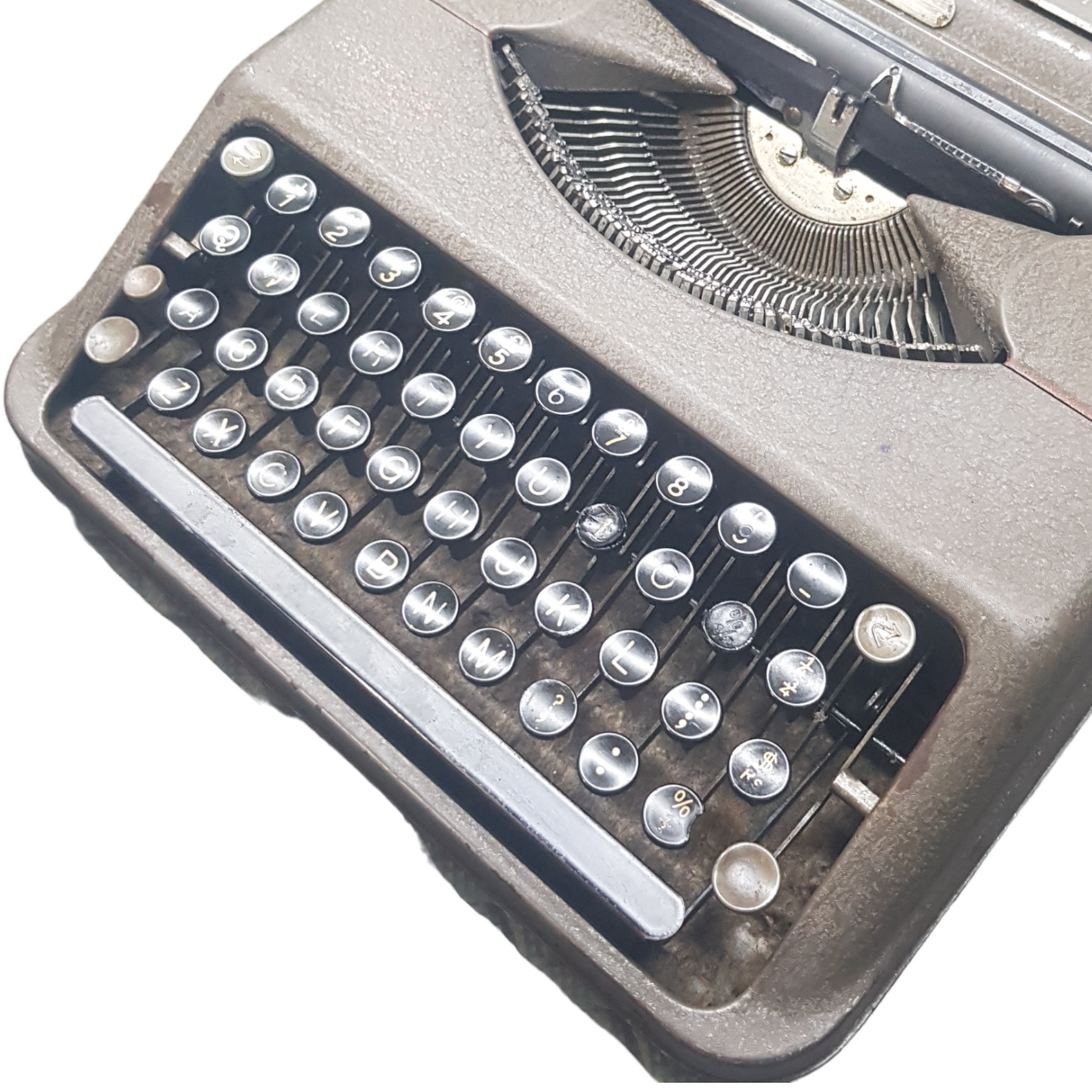 Image of Hermes Baby Old Typewriter. Portable Typewriter. Original Dark Grey. Swiss Made. Available with cover. Available from universaltypewritercompany.in