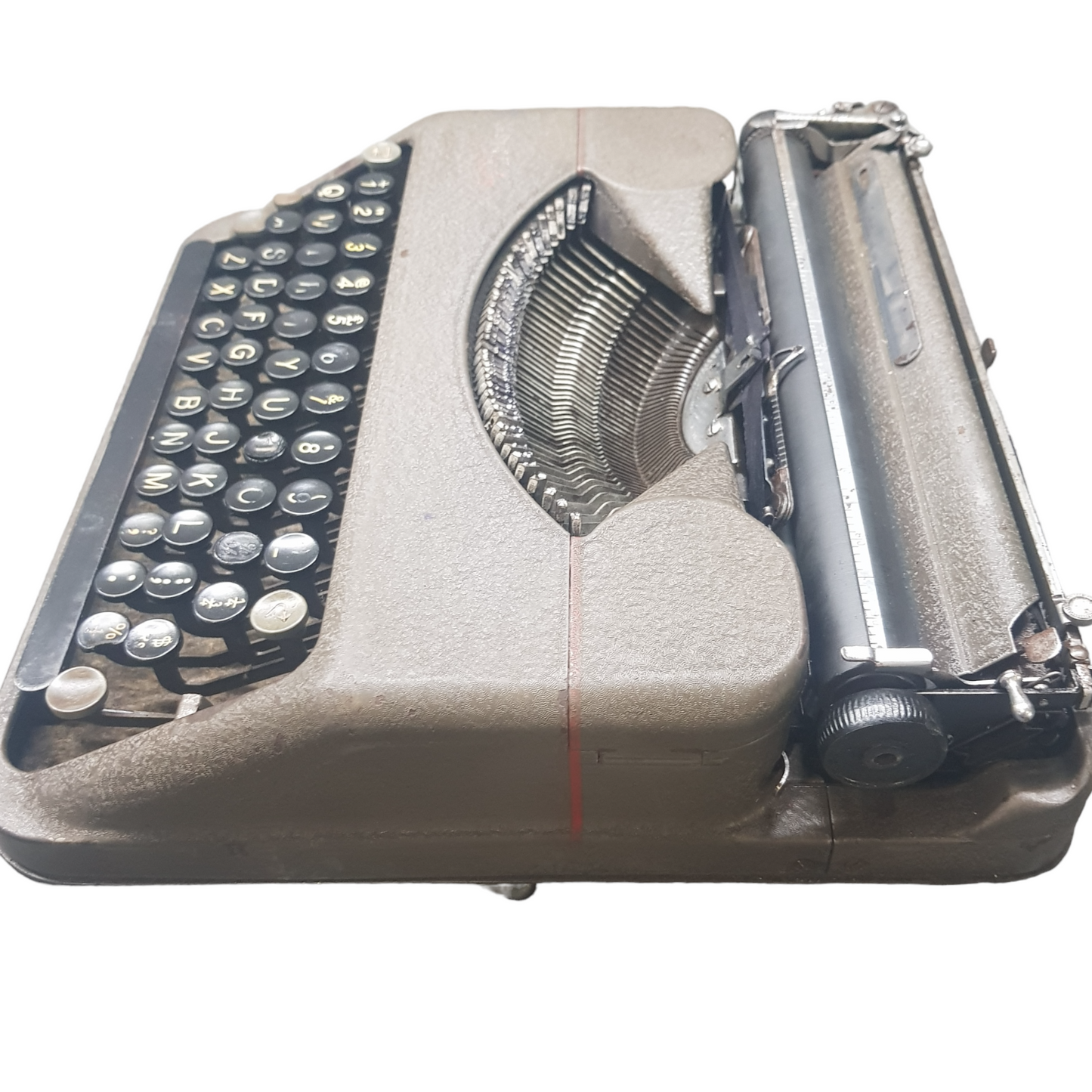 Image of Hermes Baby Old Typewriter. Portable Typewriter. Original Dark Grey. Swiss Made. Available with cover. Available from universaltypewritercompany.in