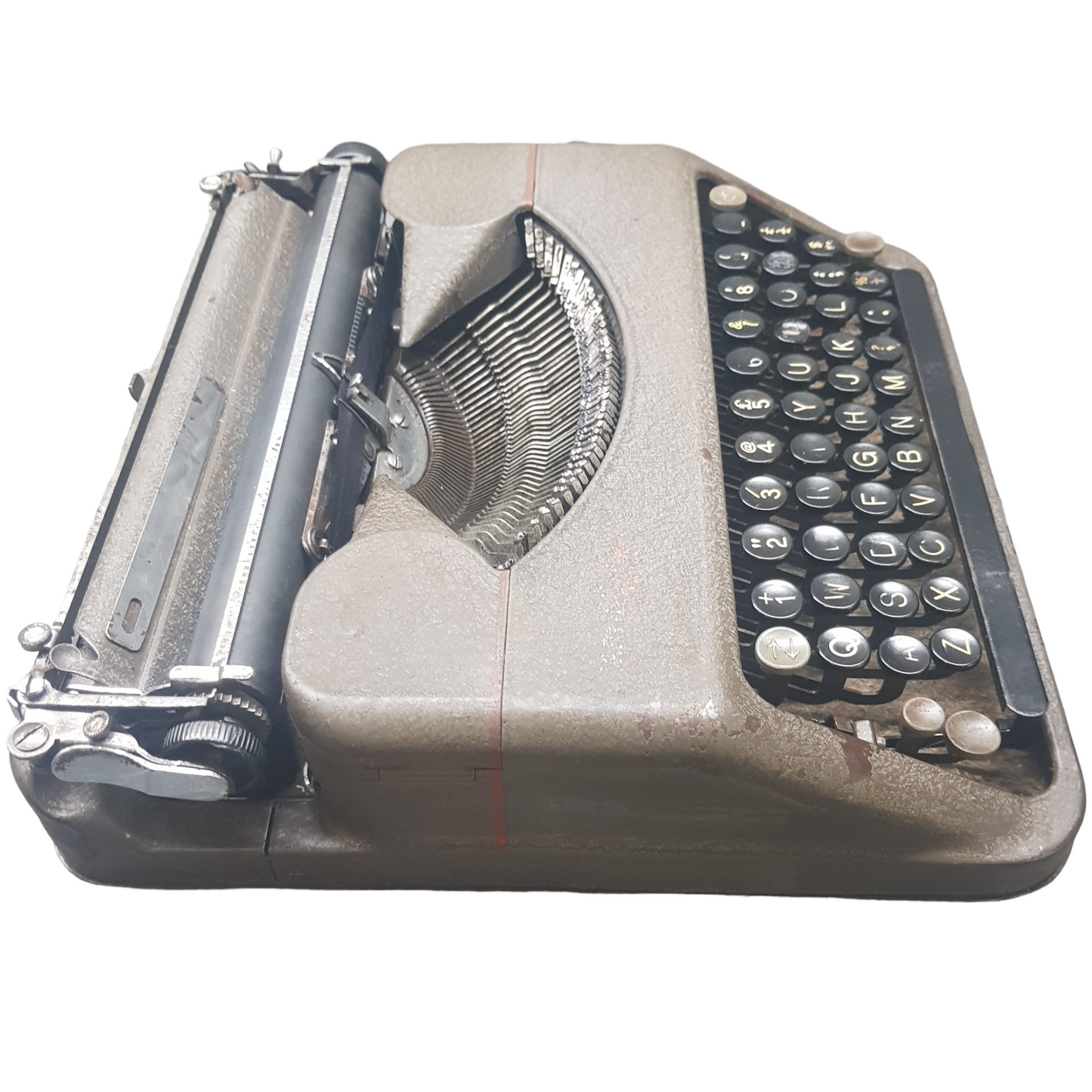 Image of Hermes Baby Old Typewriter. Portable Typewriter. Original Dark Grey. Swiss Made. Available with cover. Available from universaltypewritercompany.in