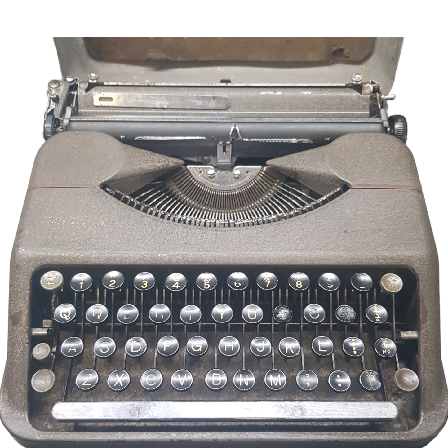 Image of Hermes Baby Old Typewriter. Portable Typewriter. Original Dark Grey. Swiss Made. Available with cover. Available from universaltypewritercompany.in