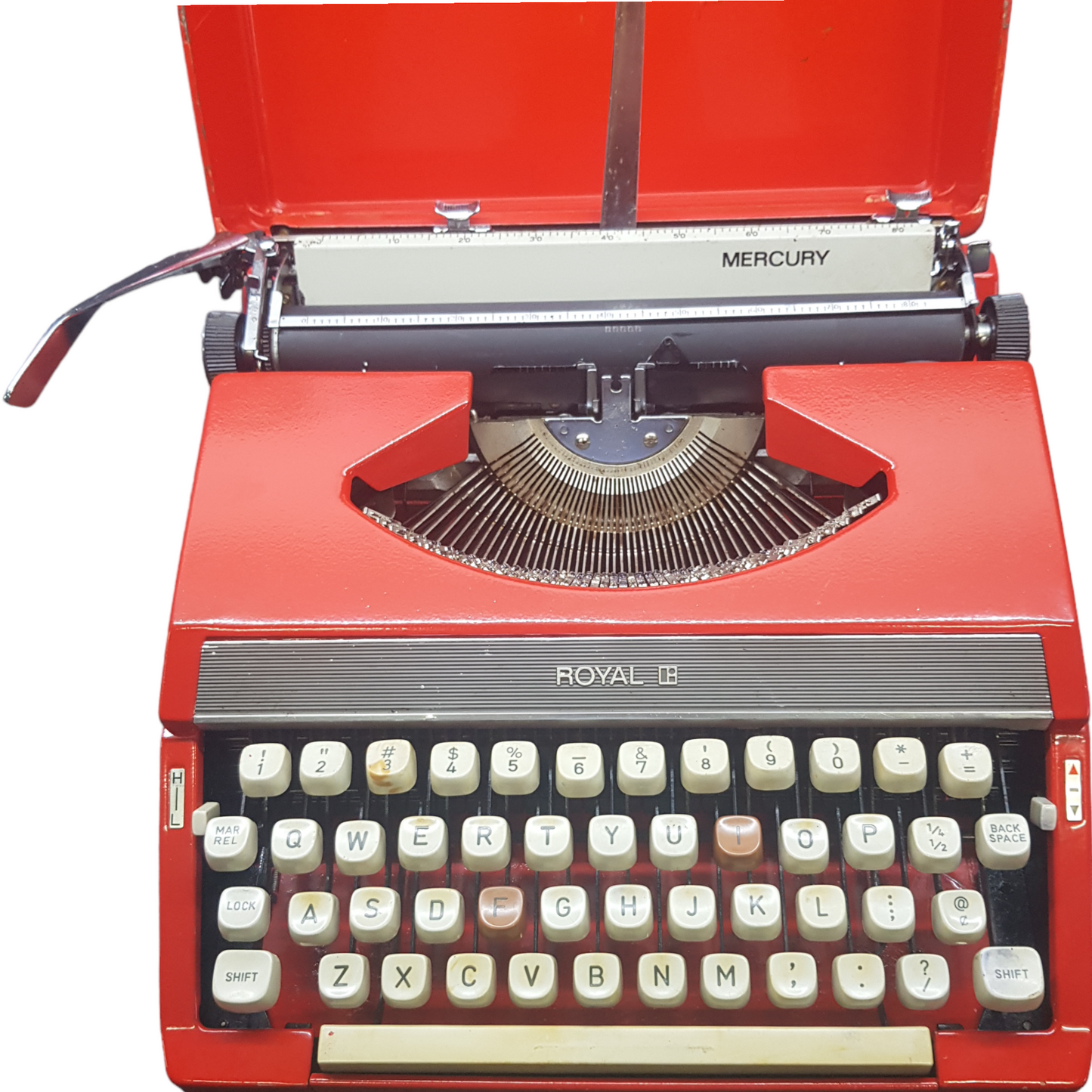 Image of Royal Mercury Typewriter. A Portable typewriter. Made in Japan. Painted Red. Available from Universal Typewriter Company.