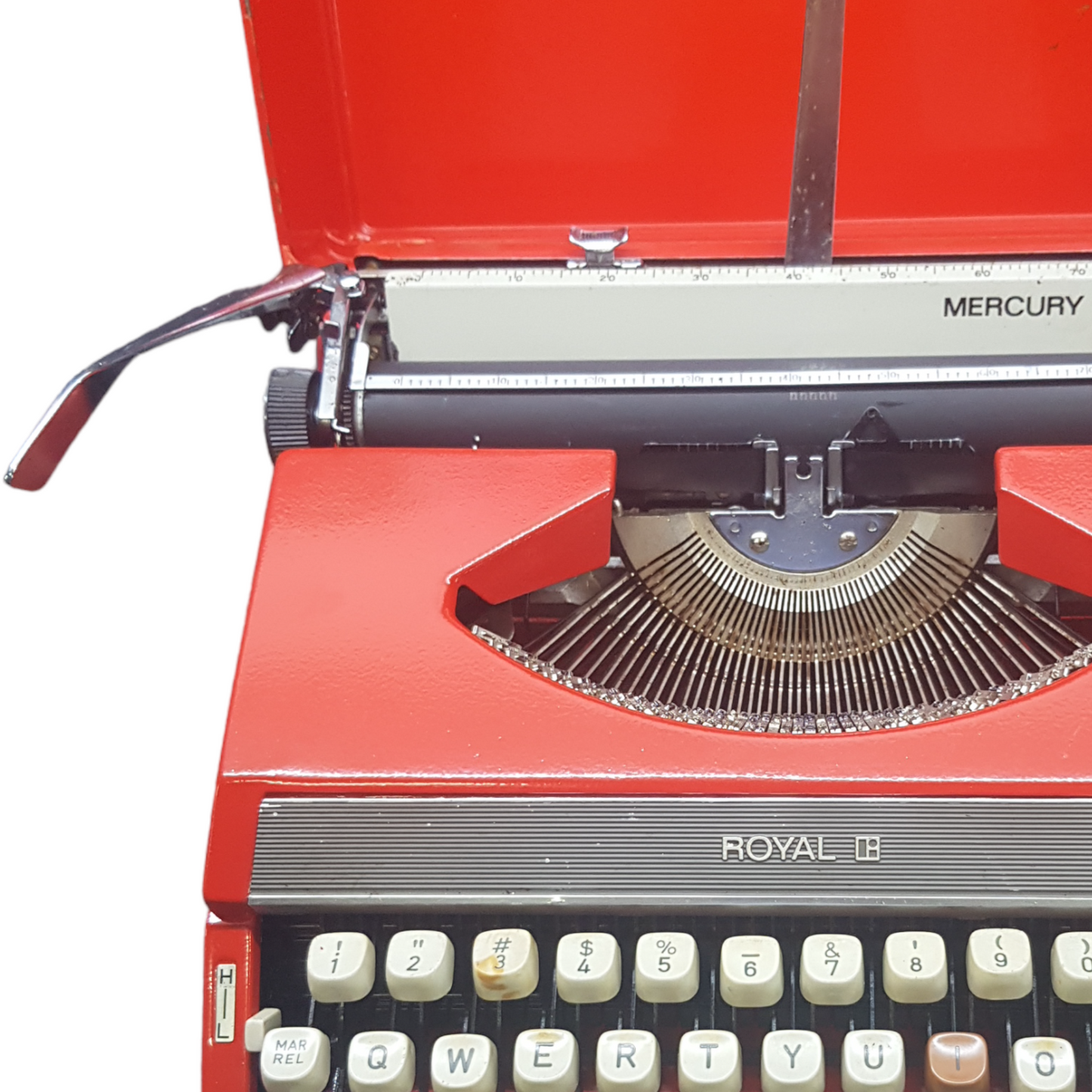 Image of Royal Mercury Typewriter. A Portable typewriter. Made in Japan. Painted Red. Available from Universal Typewriter Company.