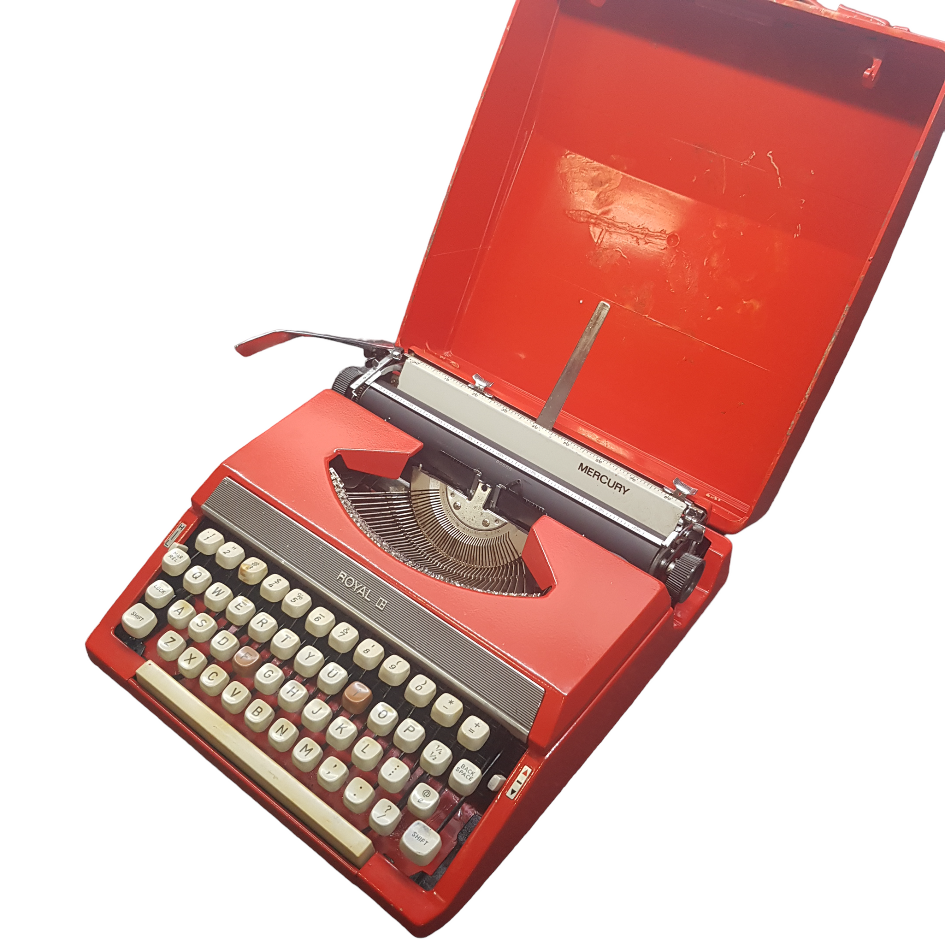 Image of Royal Mercury Typewriter. A Portable typewriter. Made in Japan. Painted Red. Available from Universal Typewriter Company.