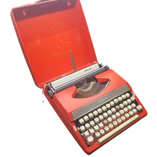 Image of Royal Mercury Typewriter. A Portable typewriter. Made in Japan. Painted Red. Available from Universal Typewriter Company.