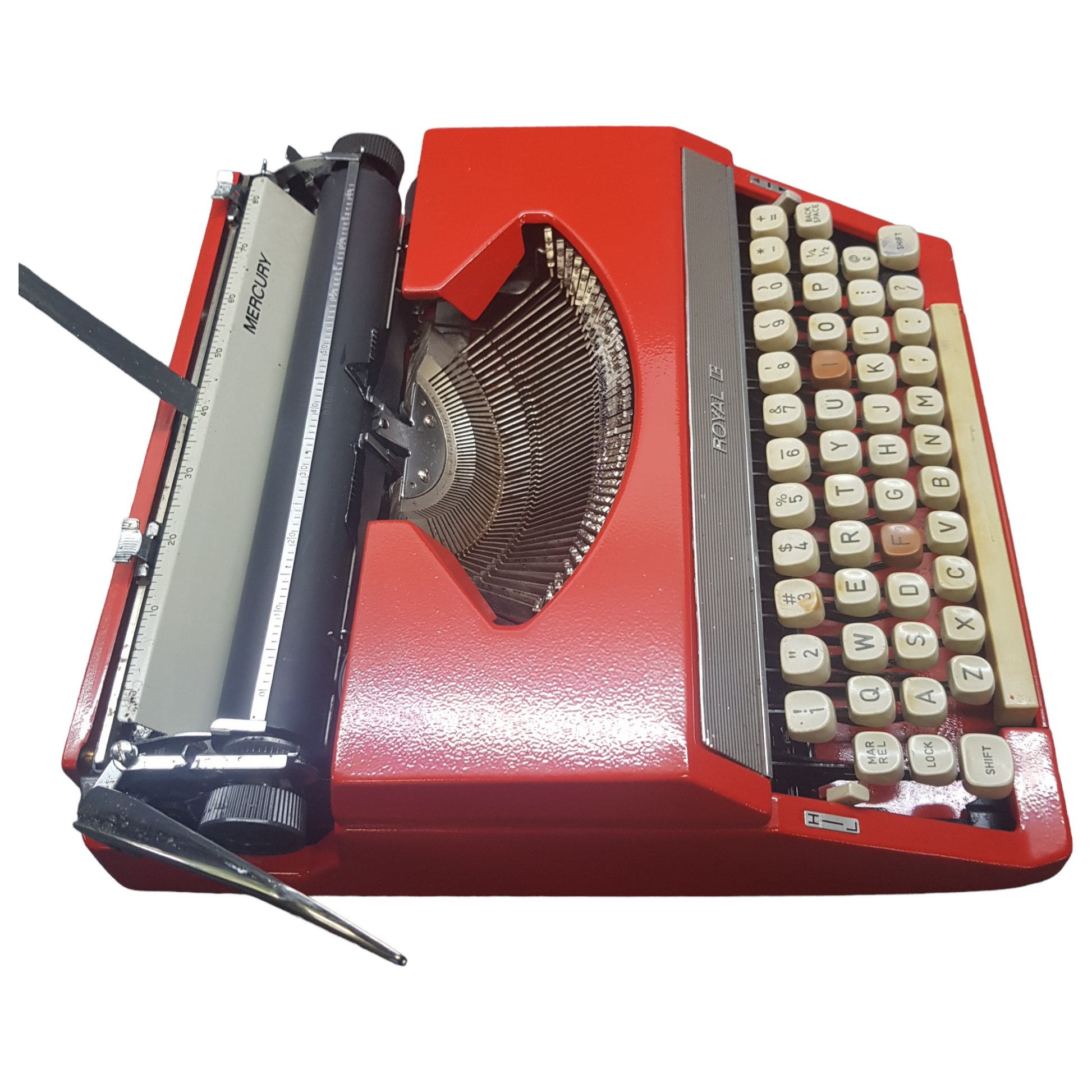 Image of Royal Mercury Typewriter. A Portable typewriter. Made in Japan. Painted Red. Available from Universal Typewriter Company.