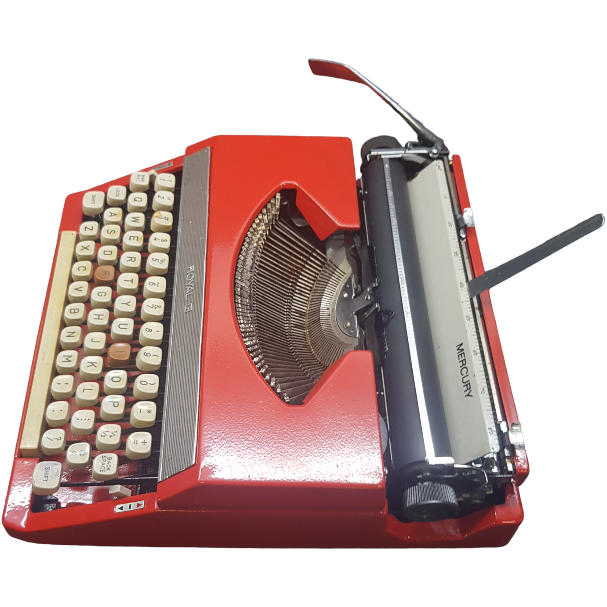 Image of Royal Mercury Typewriter. A Portable typewriter. Made in Japan. Painted Red. Available from Universal Typewriter Company.