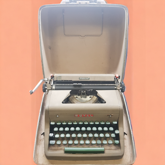 Image of Royal Aristocrat Typewriter. A mid Size Rare Portable Typewriter. Made in the USA. Available from Universal Typewriter Company.