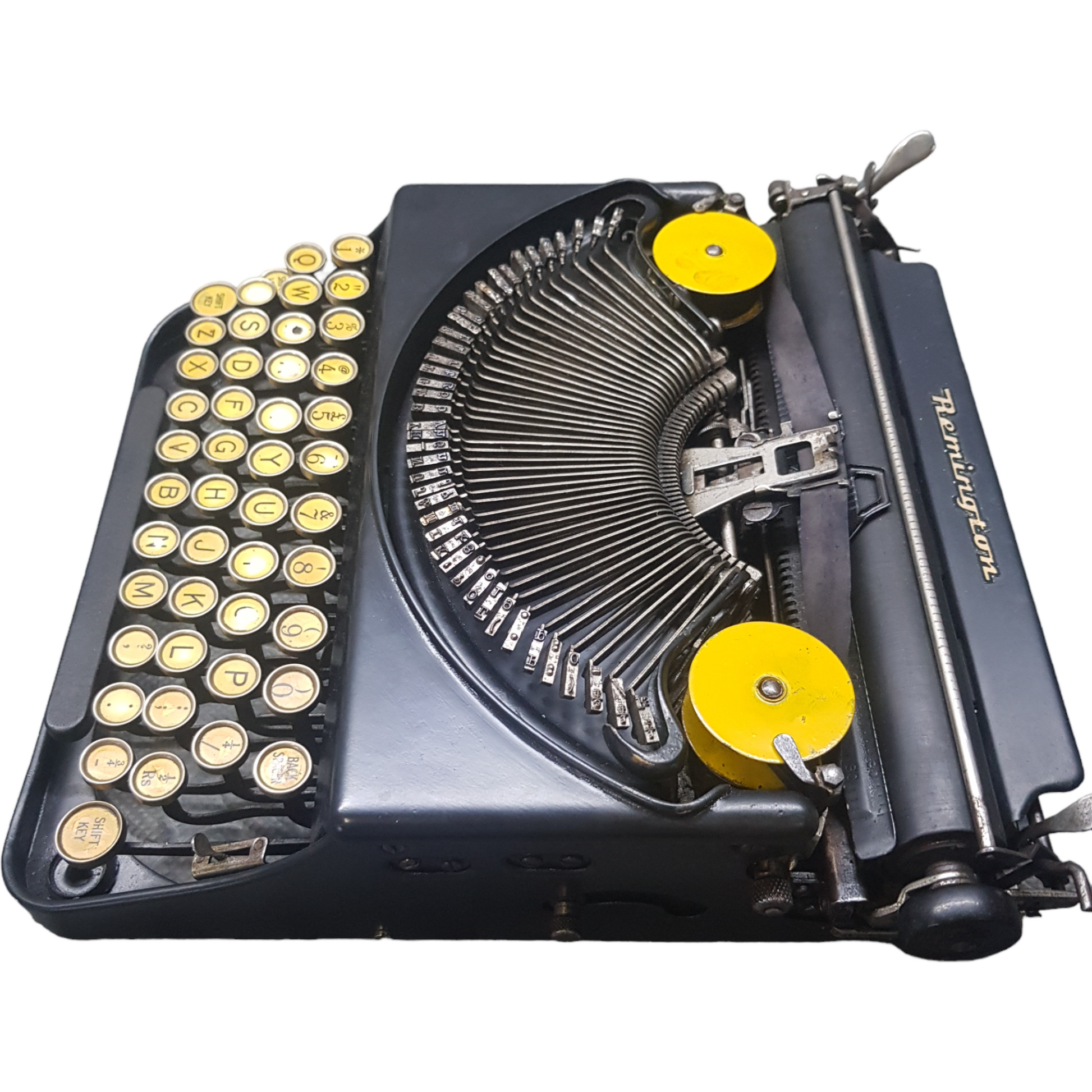 Image of Remington Mode 2 Lifting Typewriter. A Rare Antique Century old Metal Keyring Portable Typewriter. Made in the USA. Available from Universal Typewriter Company.